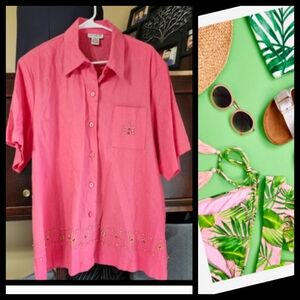 AIRY SHORT SLEEVE PLUS SIZE 3X PINK LINEN BLEND Beaded Top●